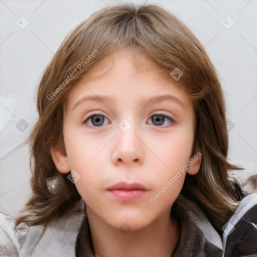 Neutral white child female with medium  brown hair and grey eyes