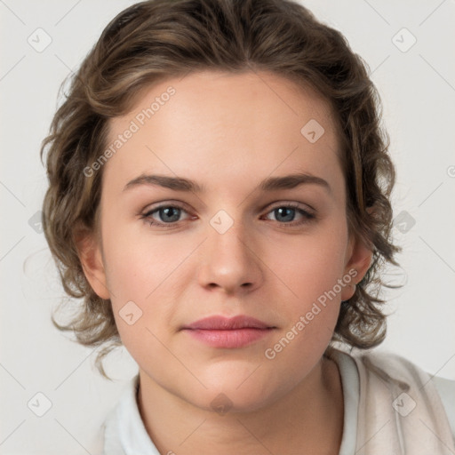 Neutral white young-adult female with medium  brown hair and grey eyes