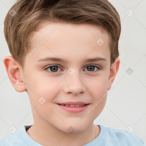 Joyful white child male with short  brown hair and grey eyes