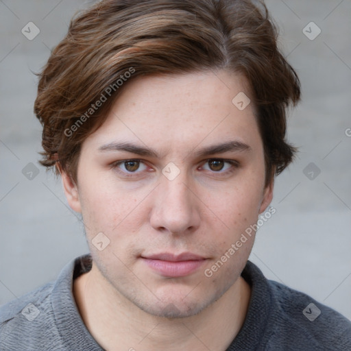 Neutral white young-adult male with short  brown hair and grey eyes