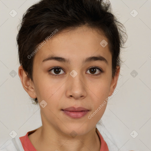 Neutral white young-adult female with short  brown hair and brown eyes