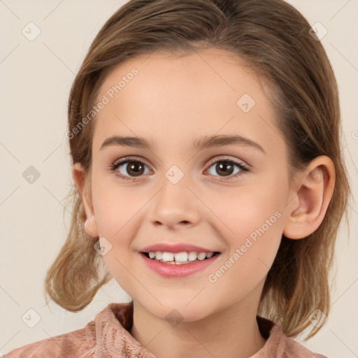 Joyful white child female with medium  brown hair and brown eyes