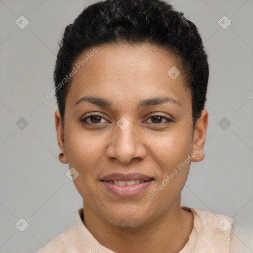 Joyful latino young-adult female with short  black hair and brown eyes