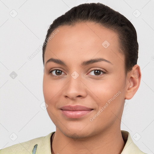 Joyful white young-adult female with short  brown hair and brown eyes