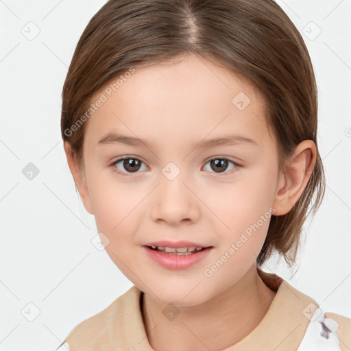 Joyful white child female with medium  brown hair and brown eyes