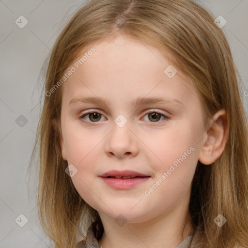 Joyful white child female with medium  brown hair and grey eyes