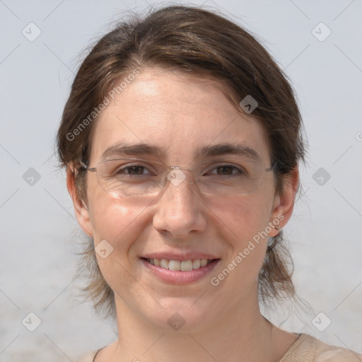 Joyful white adult female with medium  brown hair and grey eyes