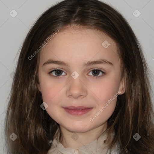 Joyful white child female with medium  brown hair and brown eyes