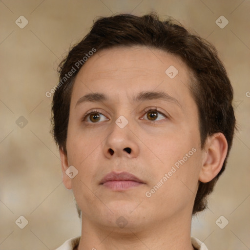 Neutral white young-adult male with short  brown hair and brown eyes