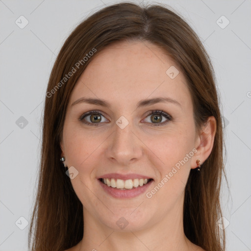 Joyful white young-adult female with long  brown hair and grey eyes