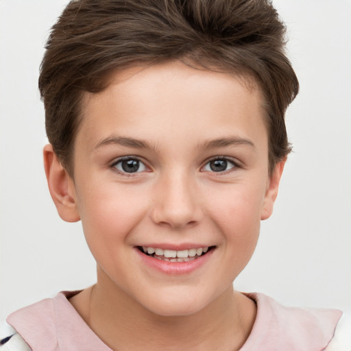 Joyful white child female with short  brown hair and brown eyes