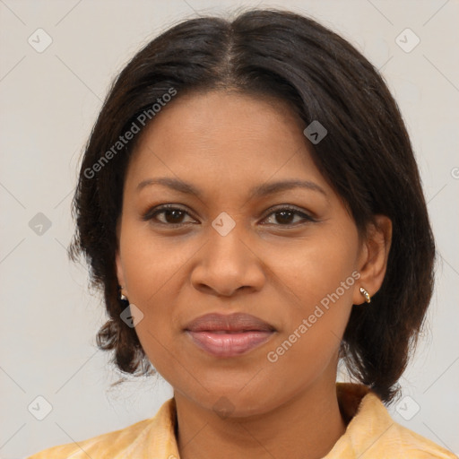 Joyful black young-adult female with medium  brown hair and brown eyes