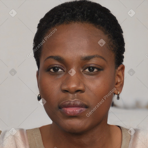 Neutral black young-adult female with short  black hair and brown eyes