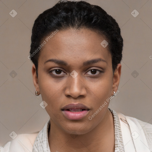 Joyful black young-adult female with short  black hair and brown eyes