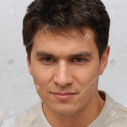 Neutral white adult male with short  brown hair and brown eyes