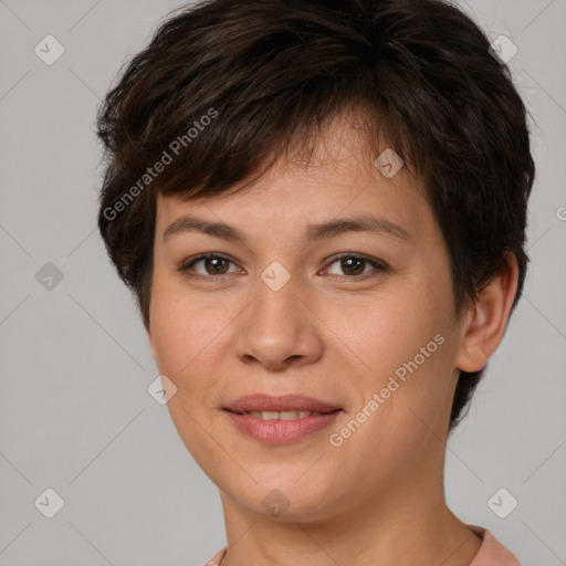 Joyful white young-adult female with short  brown hair and brown eyes