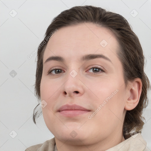 Neutral white young-adult female with medium  brown hair and grey eyes