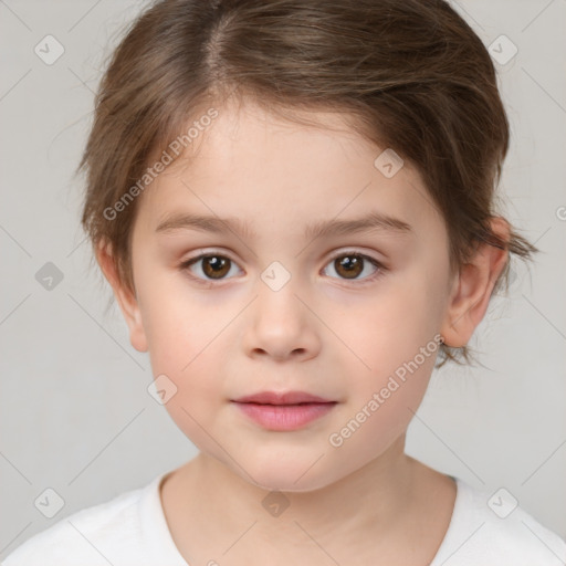 Joyful white child female with medium  brown hair and brown eyes