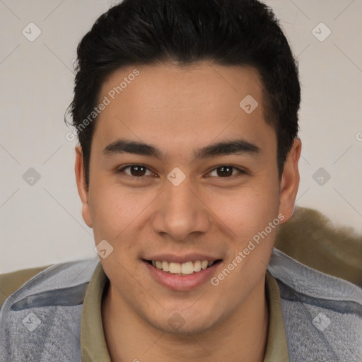 Joyful latino young-adult male with short  brown hair and brown eyes