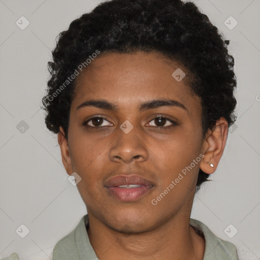 Neutral black young-adult female with short  black hair and brown eyes