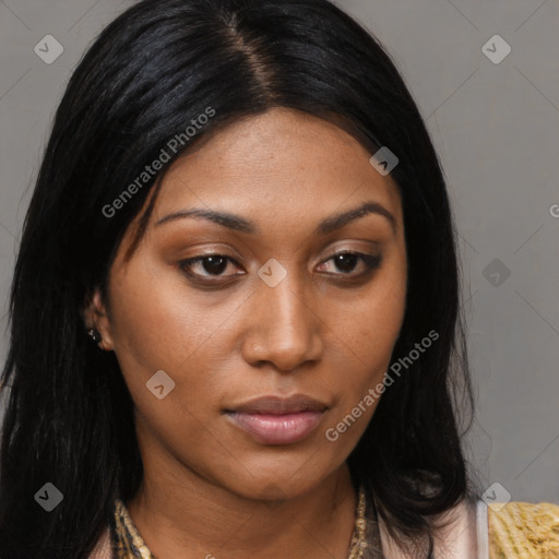 Neutral asian young-adult female with medium  brown hair and brown eyes