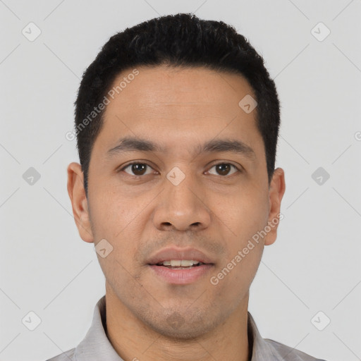 Neutral asian young-adult male with short  black hair and brown eyes
