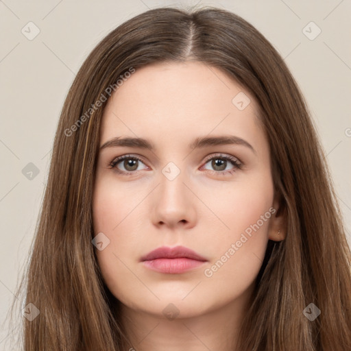 Neutral white young-adult female with long  brown hair and brown eyes