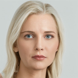 Neutral white young-adult female with long  blond hair and blue eyes