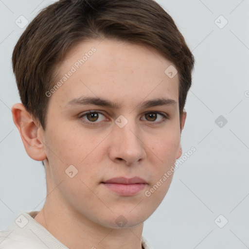 Neutral white young-adult male with short  brown hair and grey eyes