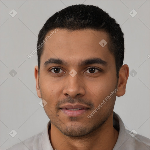 Neutral latino young-adult male with short  black hair and brown eyes