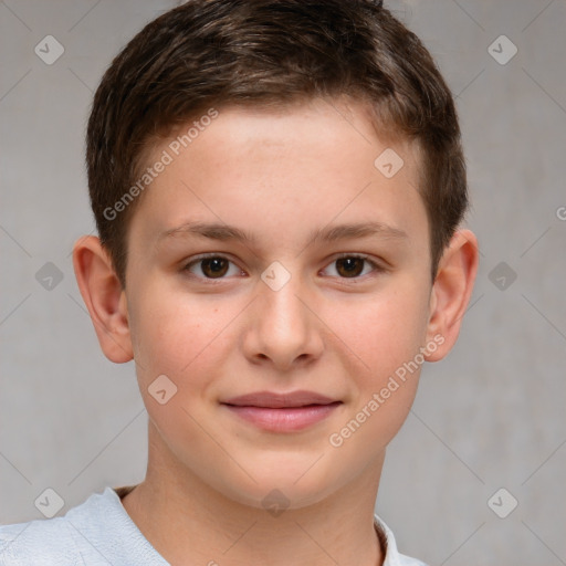 Joyful white child male with short  brown hair and brown eyes