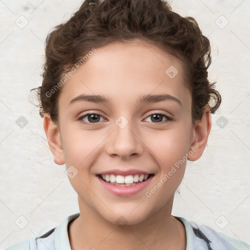 Joyful white child female with short  brown hair and brown eyes