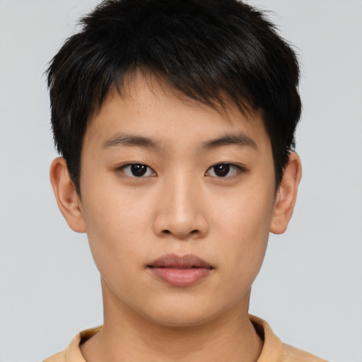 Neutral asian young-adult male with short  brown hair and brown eyes