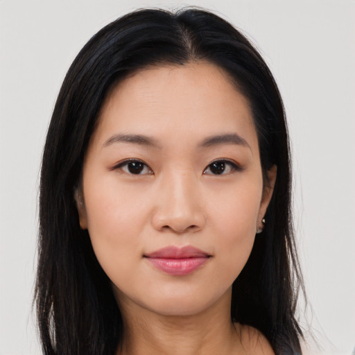 Neutral asian young-adult female with long  brown hair and brown eyes