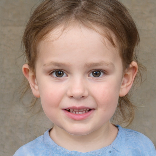 Joyful white child female with medium  brown hair and brown eyes