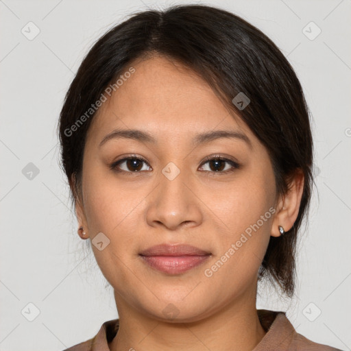 Joyful white young-adult female with medium  brown hair and brown eyes