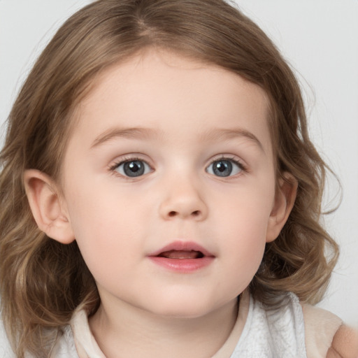 Neutral white child female with medium  brown hair and blue eyes