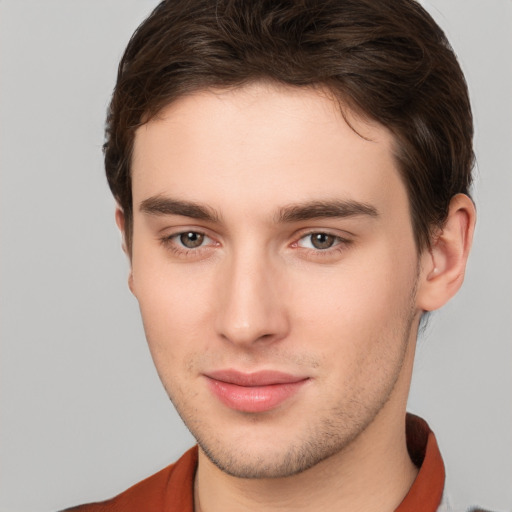 Neutral white young-adult male with short  brown hair and brown eyes