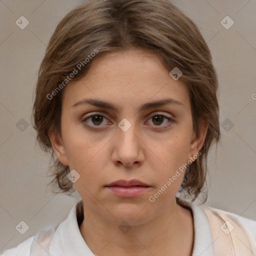 Neutral white young-adult female with medium  brown hair and brown eyes