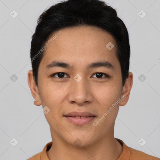 Joyful asian young-adult male with short  black hair and brown eyes