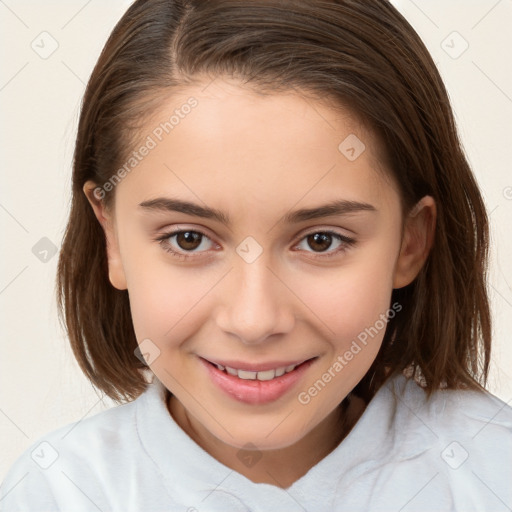 Joyful white child female with medium  brown hair and brown eyes