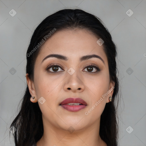 Joyful asian young-adult female with long  brown hair and brown eyes