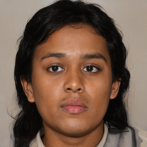 Neutral asian young-adult female with medium  black hair and brown eyes