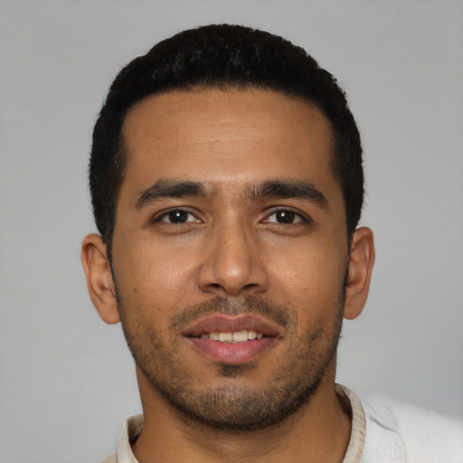 Neutral latino young-adult male with short  black hair and brown eyes