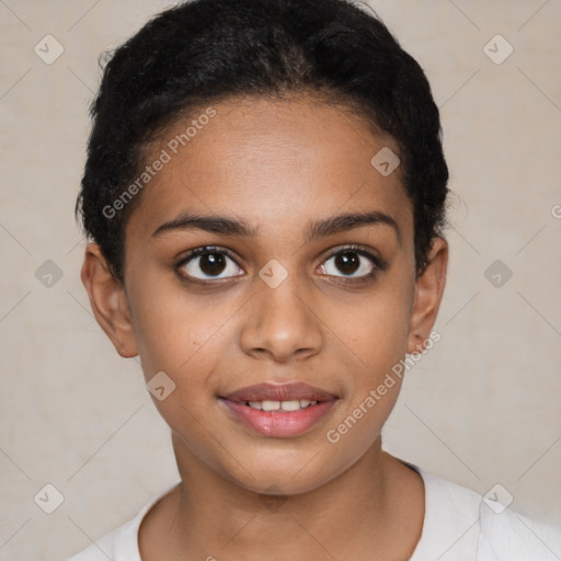 Joyful latino young-adult female with short  brown hair and brown eyes