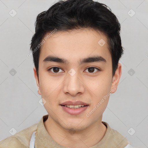 Joyful asian young-adult male with short  brown hair and brown eyes