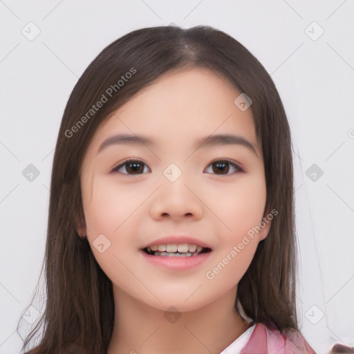 Joyful white child female with medium  brown hair and brown eyes
