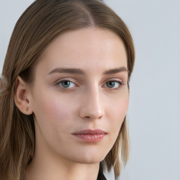 Neutral white young-adult female with long  brown hair and grey eyes