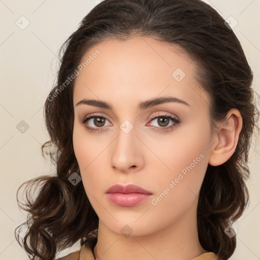 Neutral white young-adult female with medium  brown hair and brown eyes