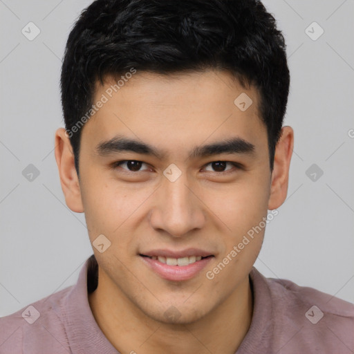 Joyful latino young-adult male with short  brown hair and brown eyes